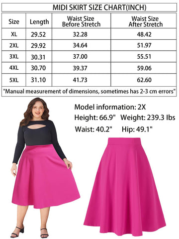 Plus Size Midi Skirt High Elastic Waist - Rose