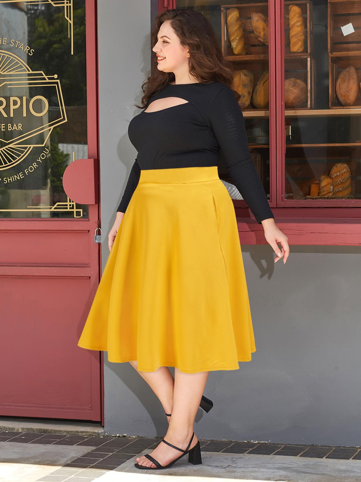 Plus Size Midi Skirt High Elastic Waist - Yellow-Moon Wood