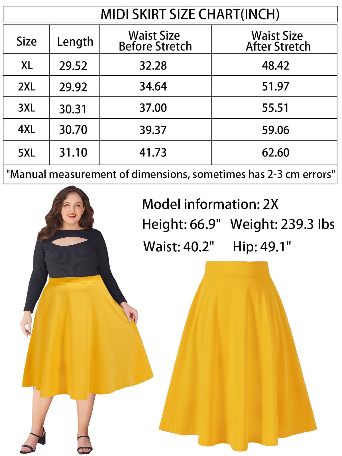 Plus Size Midi Skirt High Elastic Waist - Yellow-Moon Wood