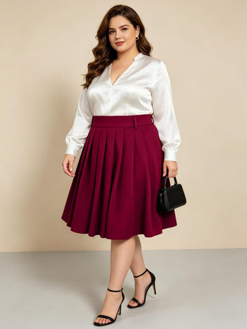 Plus Size Midi Skirt Pleated with Pockets - Wine Red