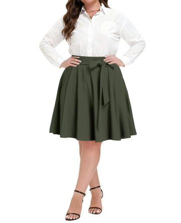 Plus Size Midi Skirt Skater Bow Tie - Army Green-Moon Wood
