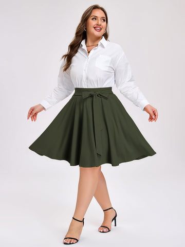 Plus Size Midi Skirt Skater Bow Tie - Army Green-Moon Wood