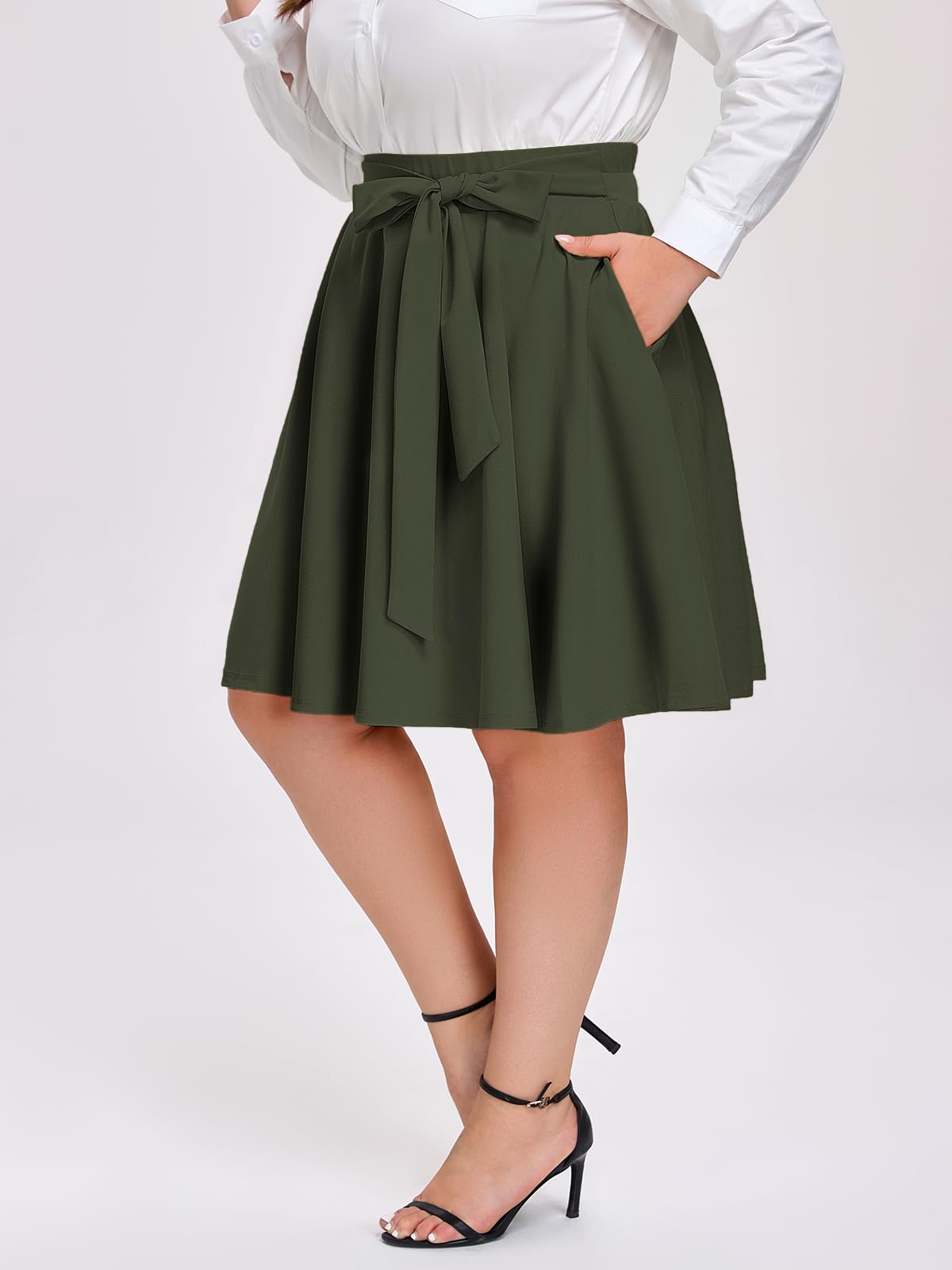 Plus Size Midi Skirt Skater Bow Tie - Army Green-Moon Wood