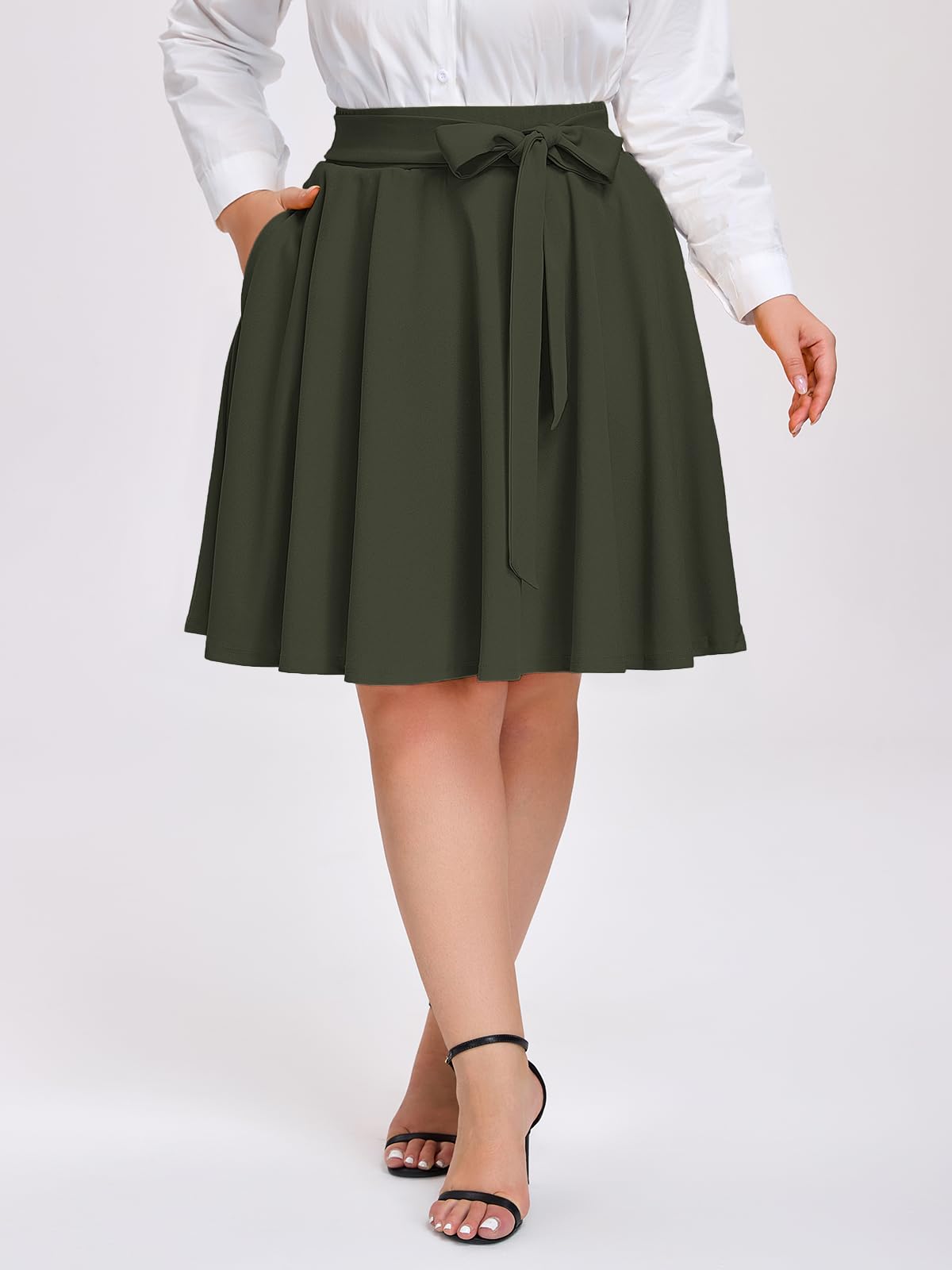 Plus Size Midi Skirt Skater Bow Tie - Army Green-Moon Wood