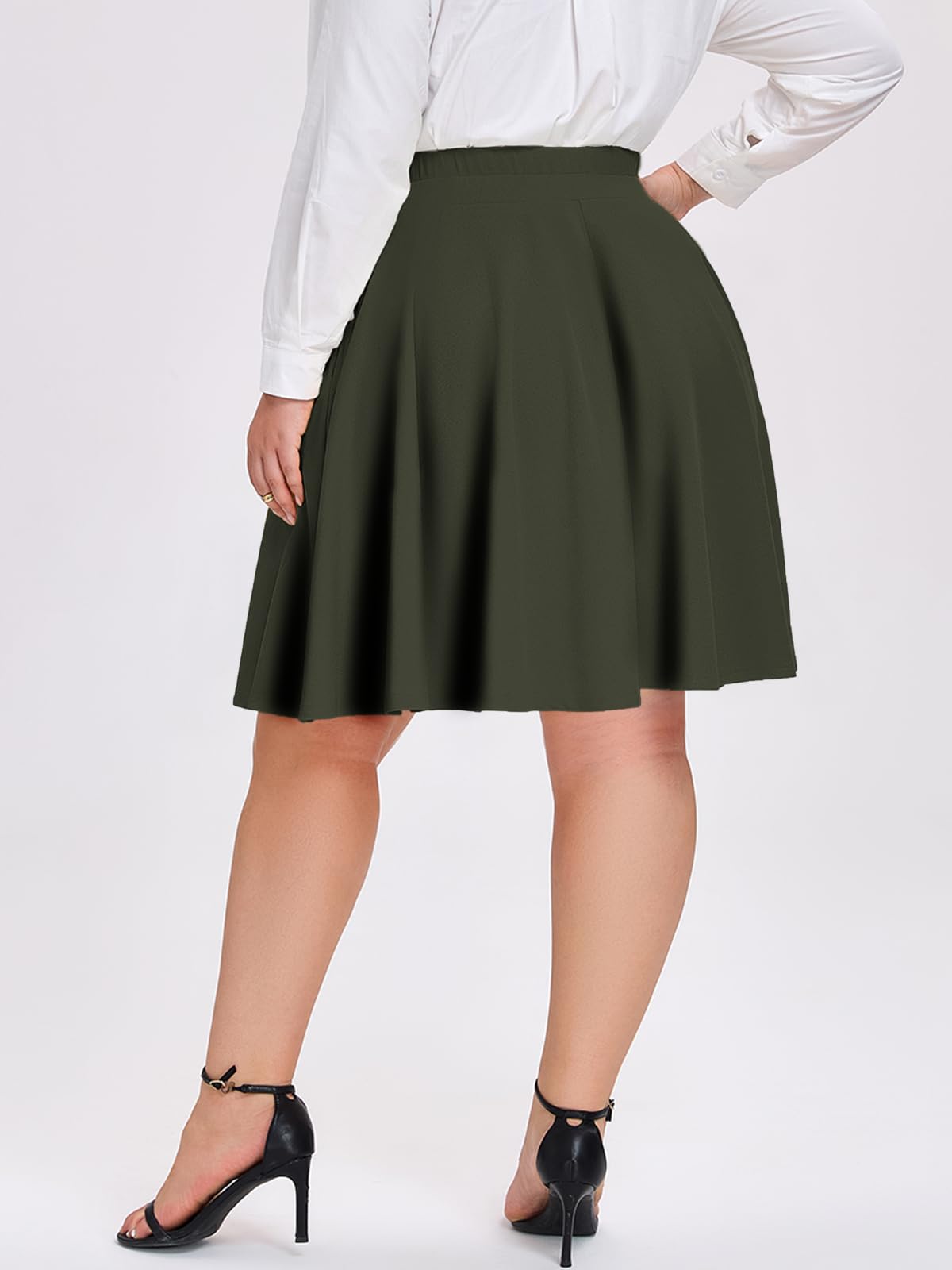 Plus Size Midi Skirt Skater Bow Tie - Army Green-Moon Wood