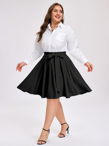 Plus Size Midi Skirt Skater Bow Tie - Black