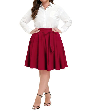 Plus Size Midi Skirt Skater Bow Tie - Wine Red