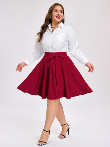 Plus Size Midi Skirt Skater Bow Tie - Wine Red