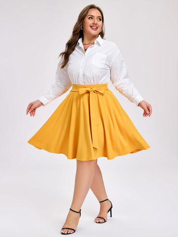 Plus Size Midi Skirt Skater Bow Tie - Yellow