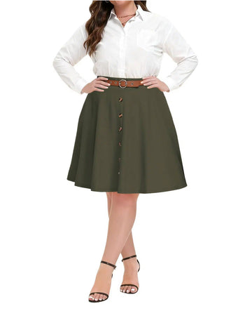Plus Size Midi Skirt Vintage High Waist - Army Green
