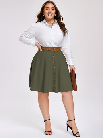 Plus Size Midi Skirt Vintage High Waist - Army Green