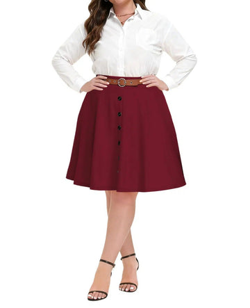 Plus Size Midi Skirt Vintage High Waist - Wine Red