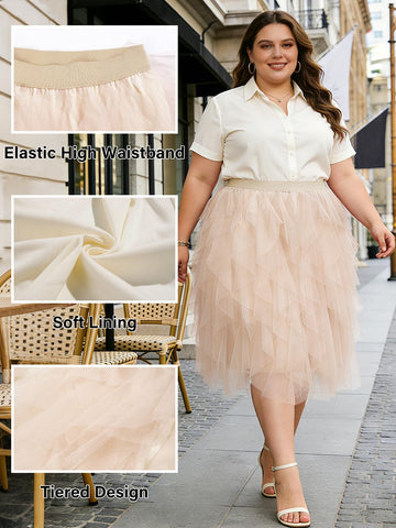 Plus Size Midi Tulle Layered A-Line Skirt - Beige