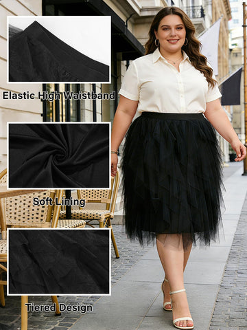 Plus Size Midi Tulle Layered A-Line Skirt - Black