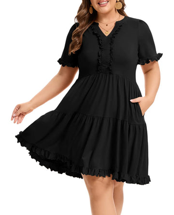 Plus Size Mini Dress Ruffle Sleeve V Neck - Black