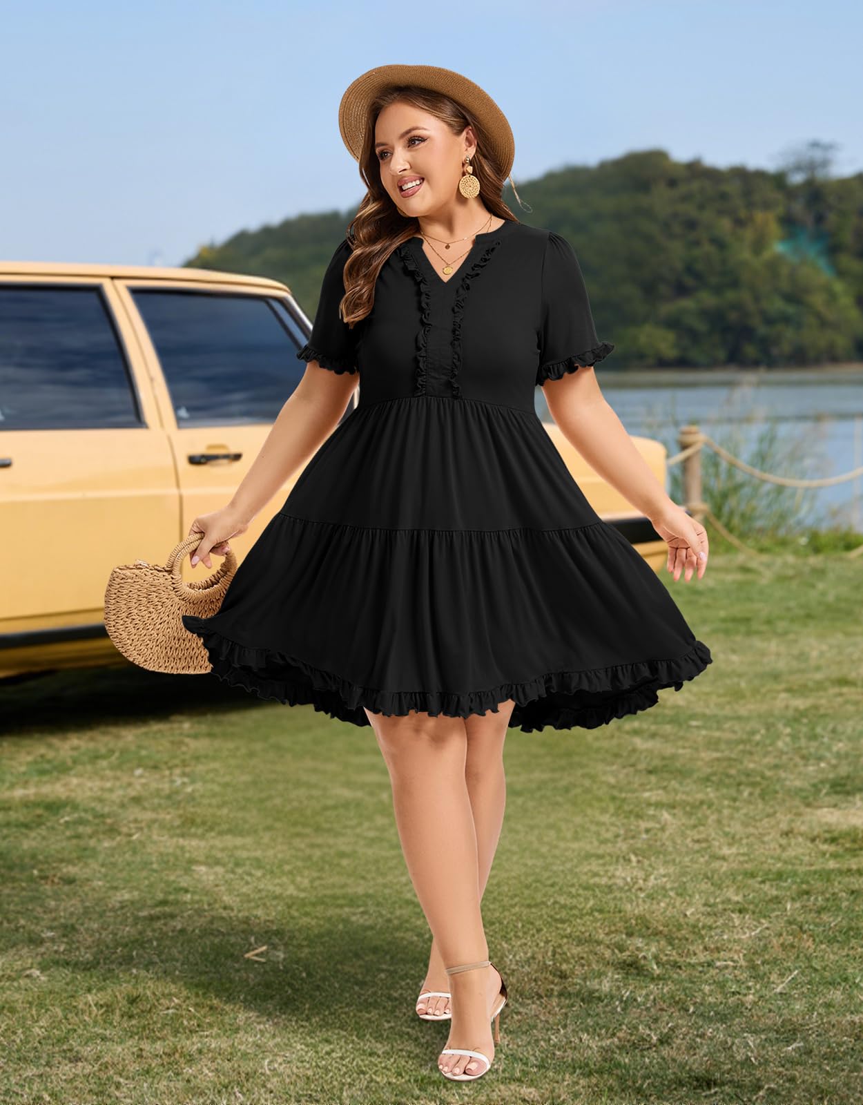 Plus Size Mini Dress Ruffle Sleeve V Neck - Black| Moon Wood Plus Size Mini Dress Ruffle Sleeve V Neck - Black| Moon Wood