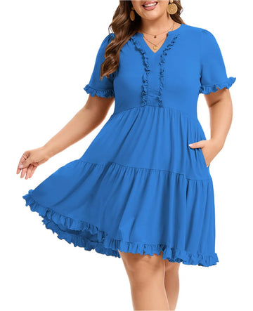 Plus Size Mini Dress Ruffle Sleeve V Neck - Blue