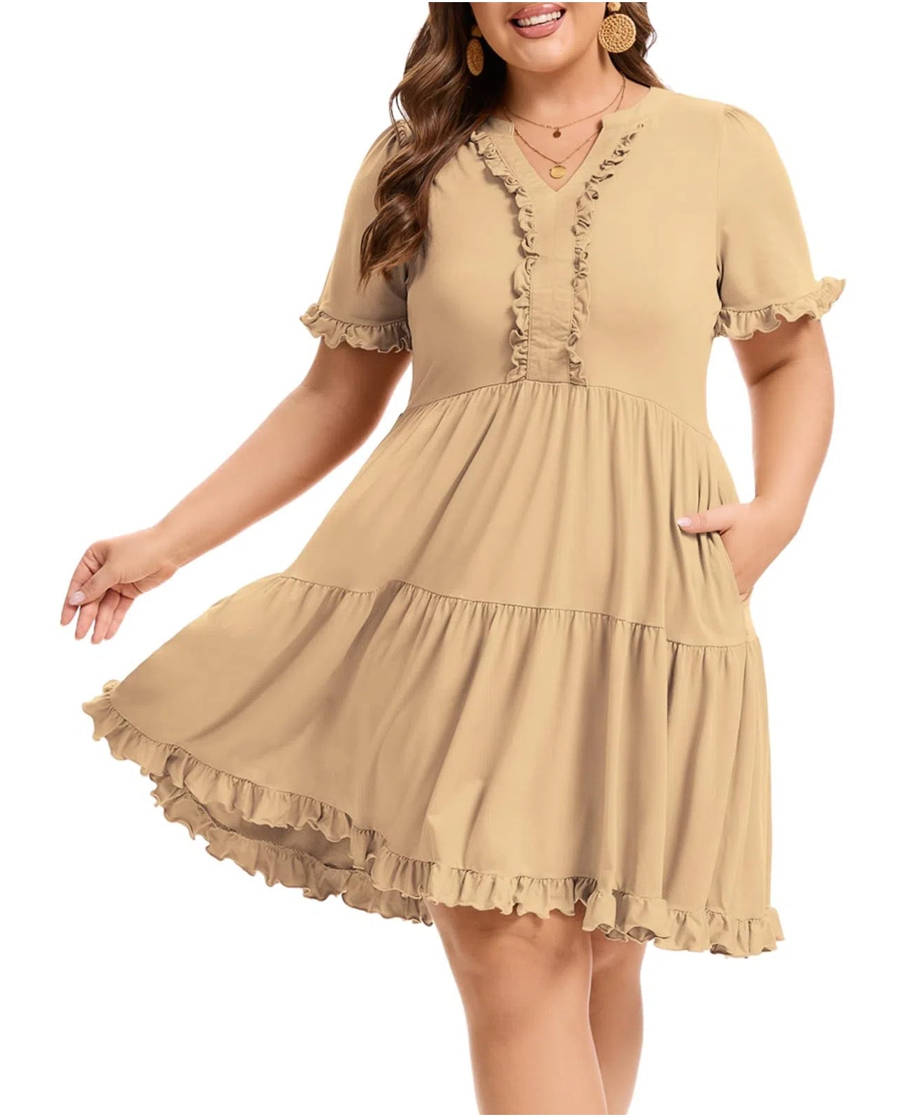 Plus Size Mini Dress Ruffle Sleeve V Neck - Khaki