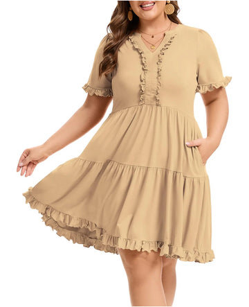 Plus Size Mini Dress Ruffle Sleeve V Neck - Khaki