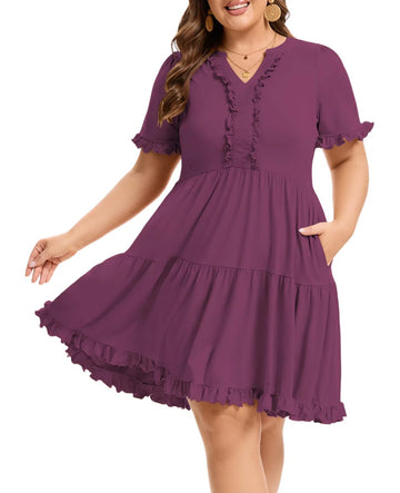 Plus Size Mini Dress Ruffle Sleeve V Neck - Purple