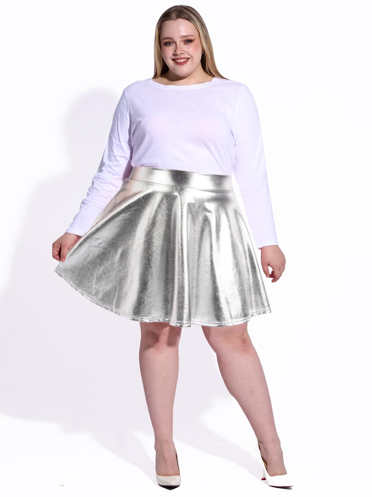 Plus Size Mini Skater Skirt Sparkly Pleated-White - Moon Wood