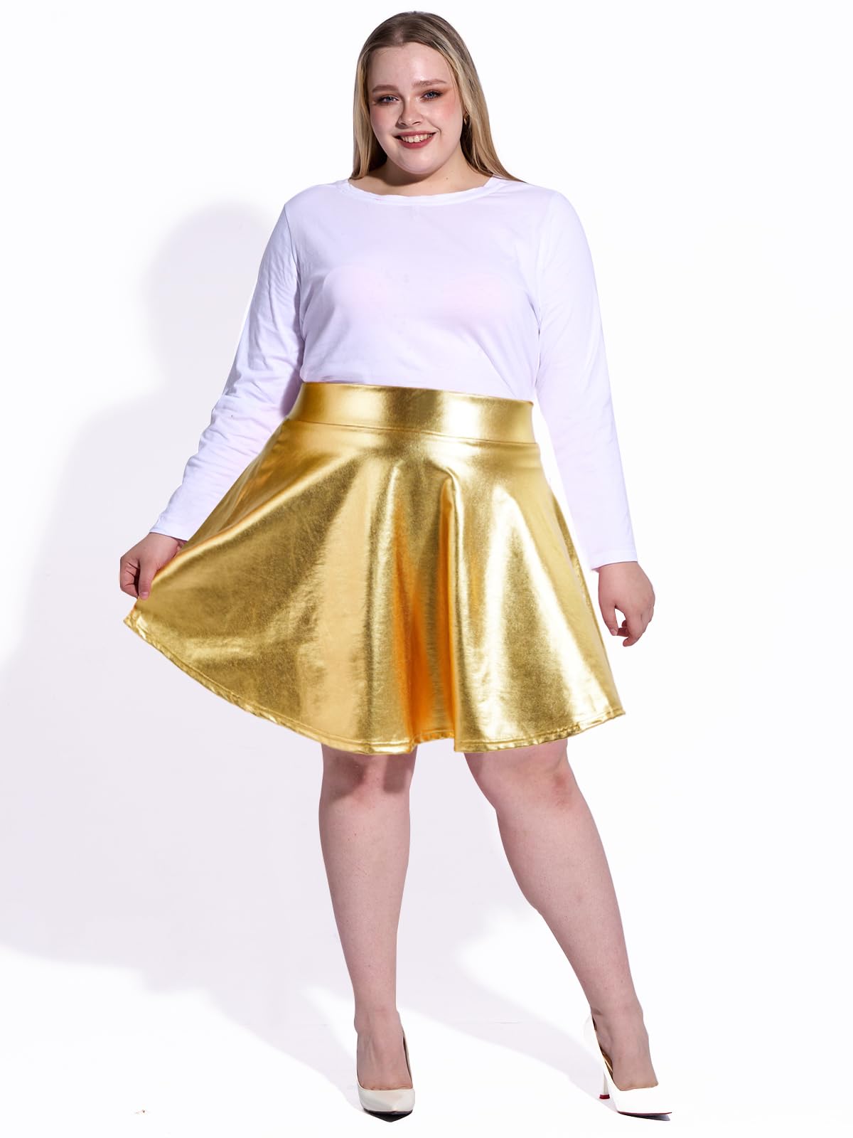 Plus Size Mini Skater Skirt Sparkly Pleated Yellow Moon Wood