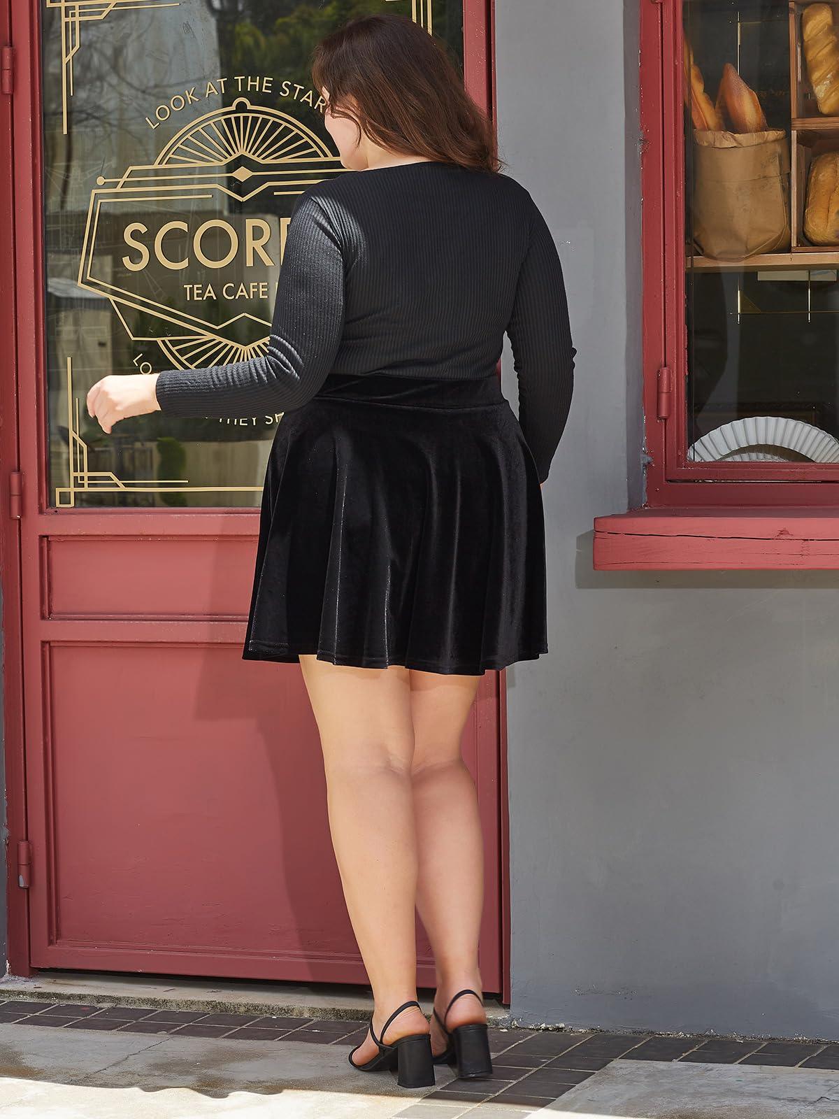 Plus Size Mini Skirt Velvet High Waisted Winter - Black-Moon Wood