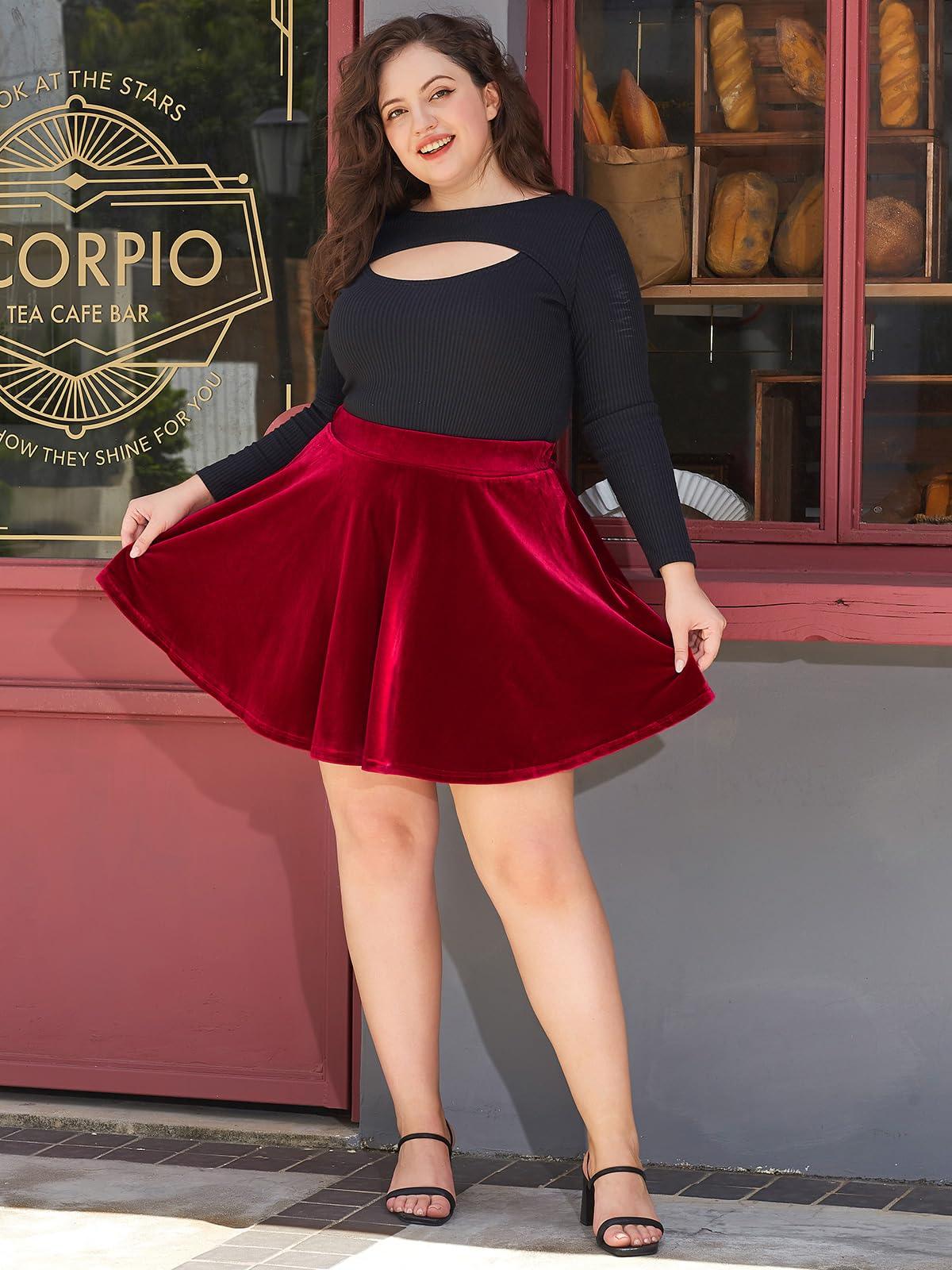 Plus Size Mini Skirt Velvet High Waisted Winter - Red-Moon Wood