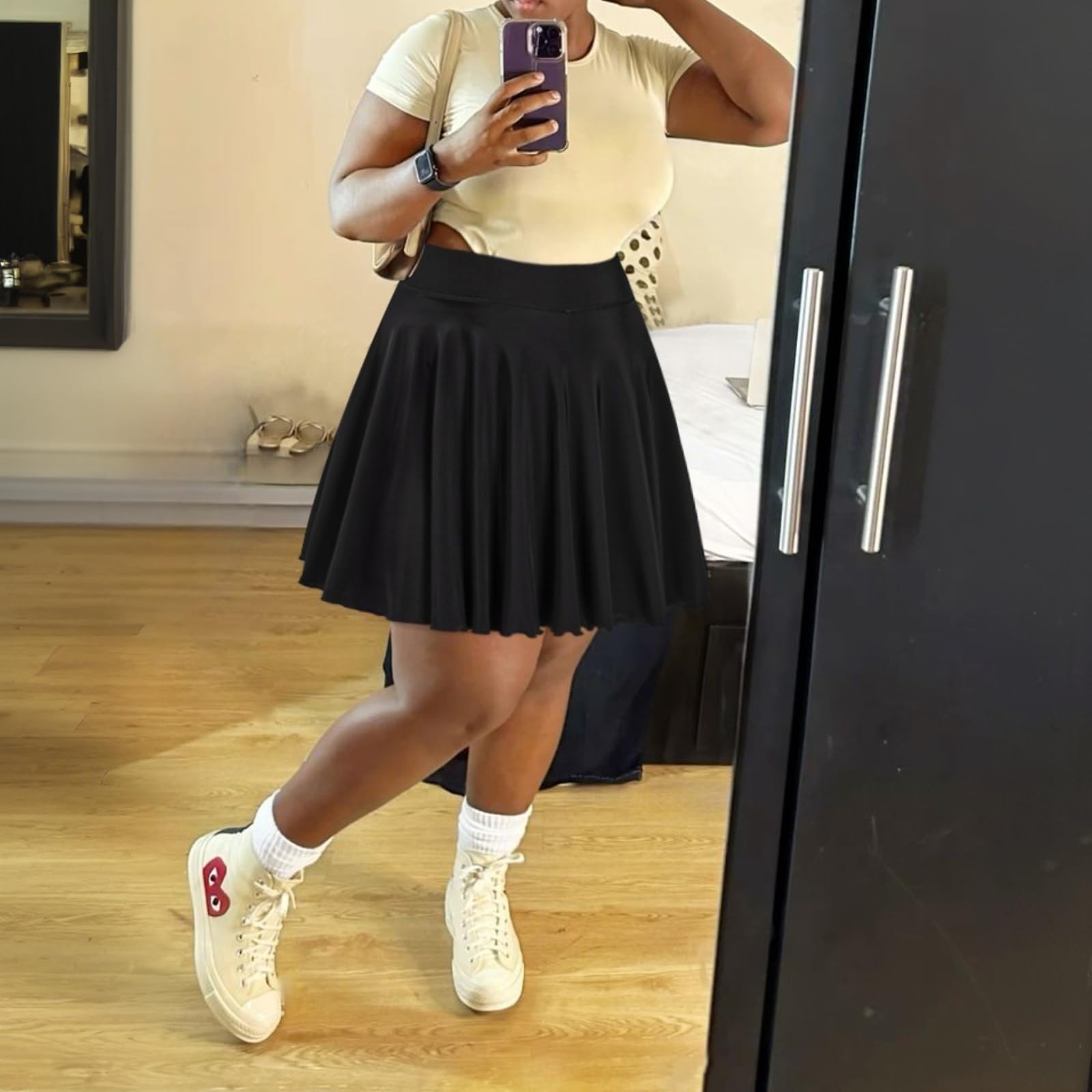 Plus Size Mini Skirt with Shorts-Black - Main Image