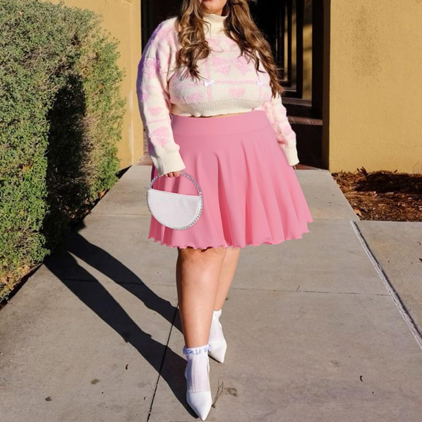 Plus Size Mini Skirt with Shorts-Pink-Moon Wood