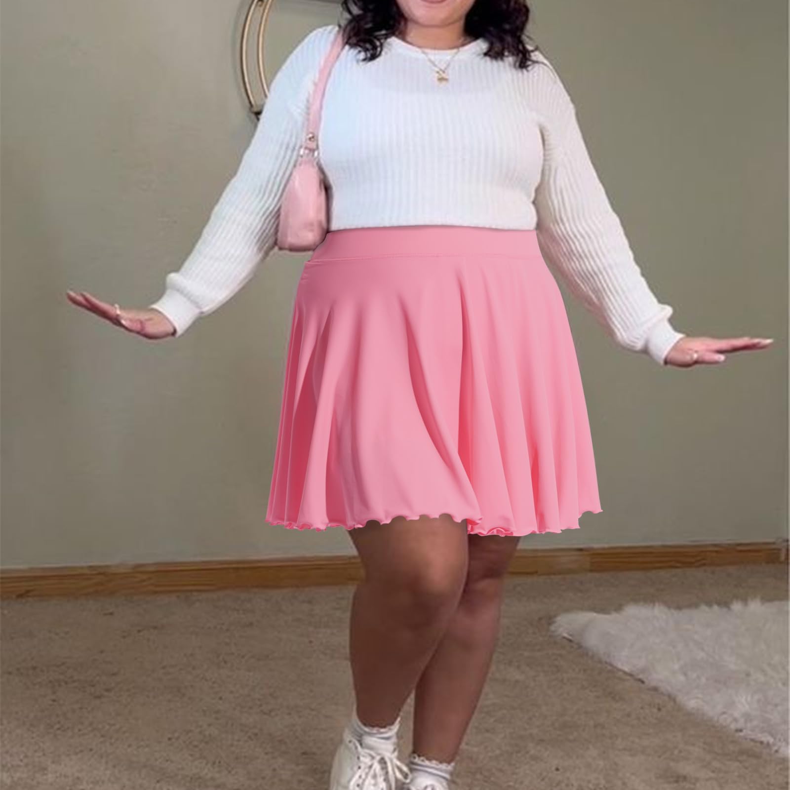 Plus Size Mini Skirt with Shorts-Pink-Moon Wood