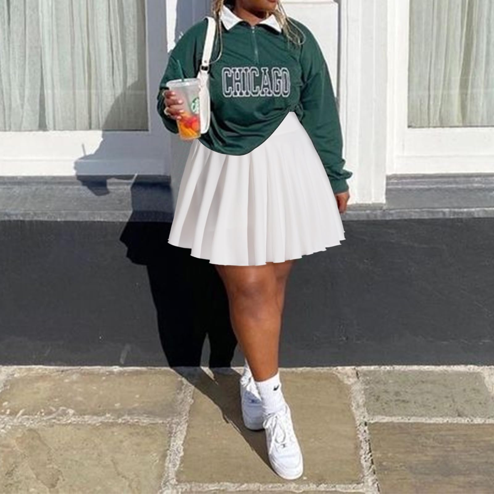 Plus Size Mini Skirt with Shorts-White | Moon Wood