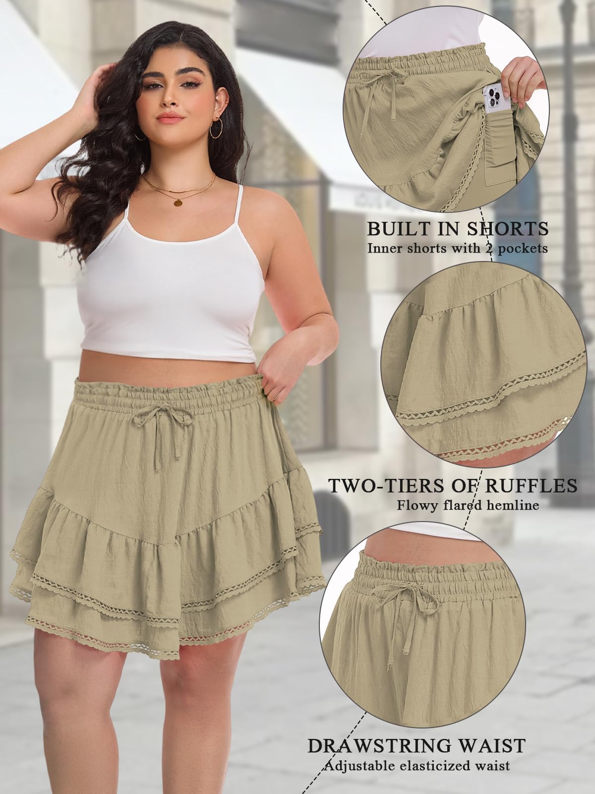 Plus Size Mini Skirts Flowy with Shorts - Camel | Moon Wood