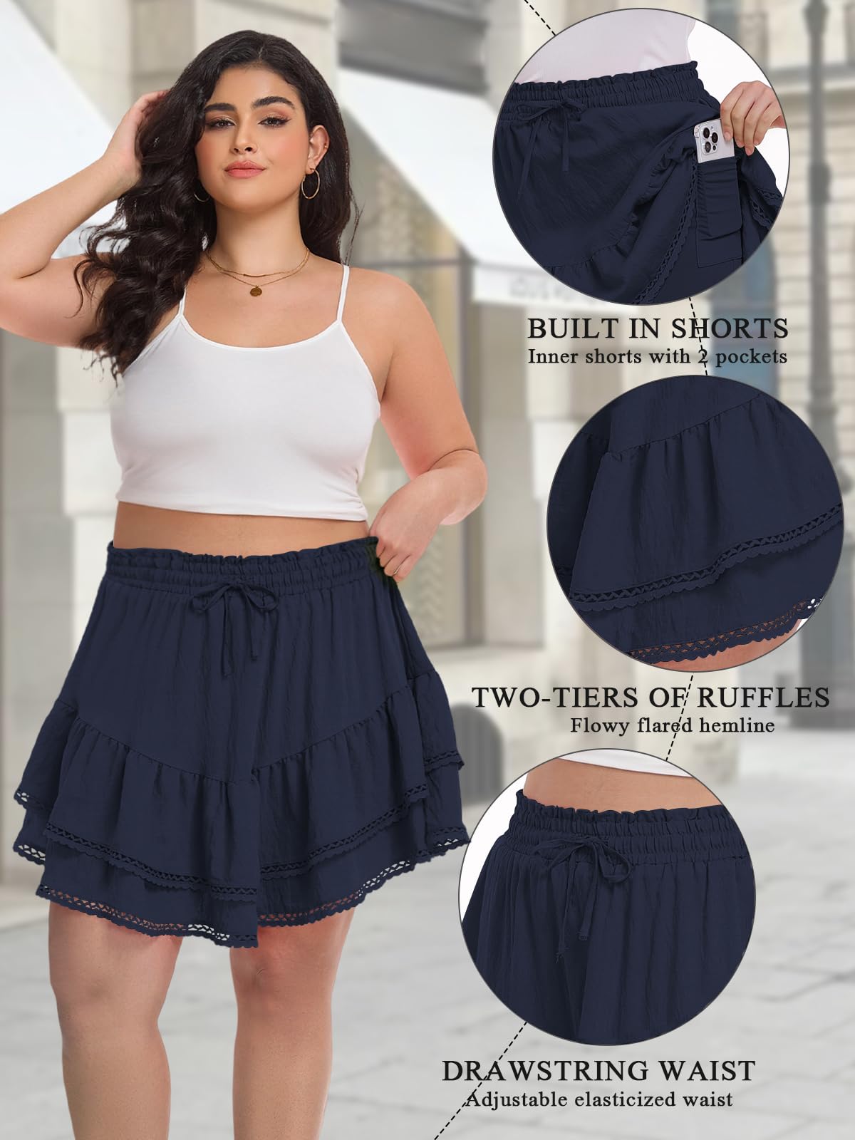Plus Size Mini Skirts Flowy with Shorts - Navy | Moon Wood