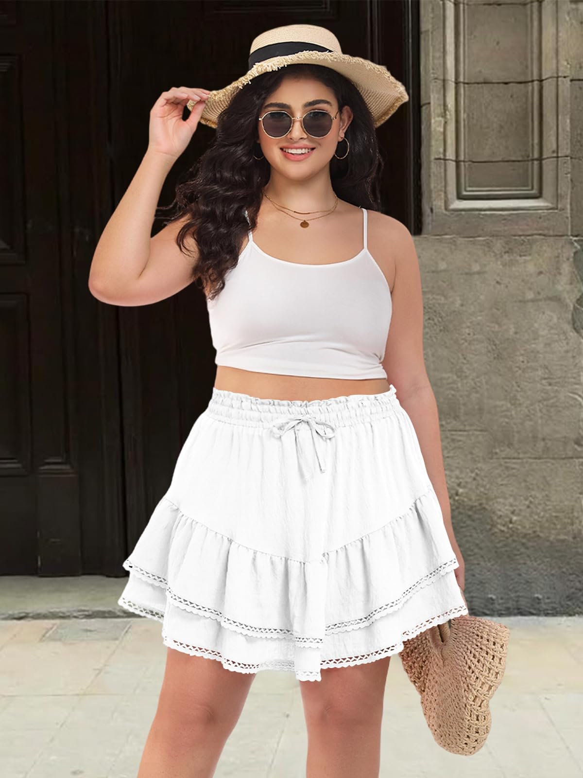 Plus Size Mini Skirts Flowy with Shorts White Moon Wood