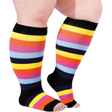 Plus Size Open Toe Compression Socks for Women-Stripes-Moon Wood