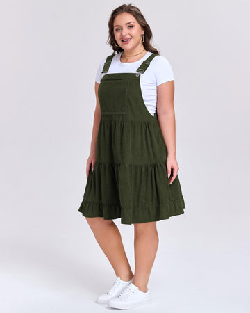 Plus Size Overall Dress Corduroy with Front Pocket - Army Green