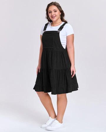 Plus Size Overall Dress Corduroy with Front Pocket - Black