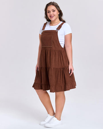 Plus Size Overall Dress Corduroy with Front Pocket - Brown