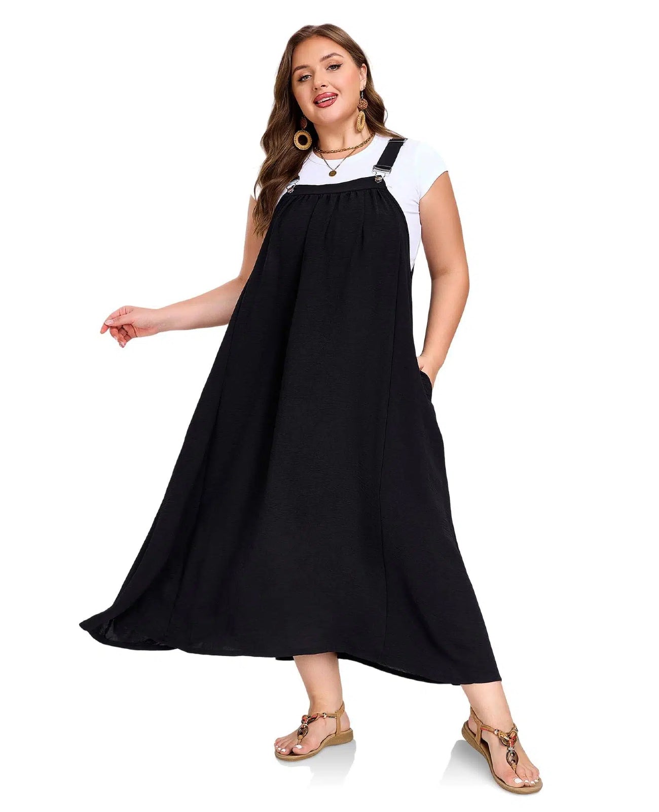 Plus Size Overall Dress Flowy A-Line - Black