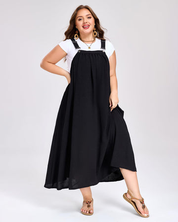 Plus Size Overall Dress Flowy A-Line - Black