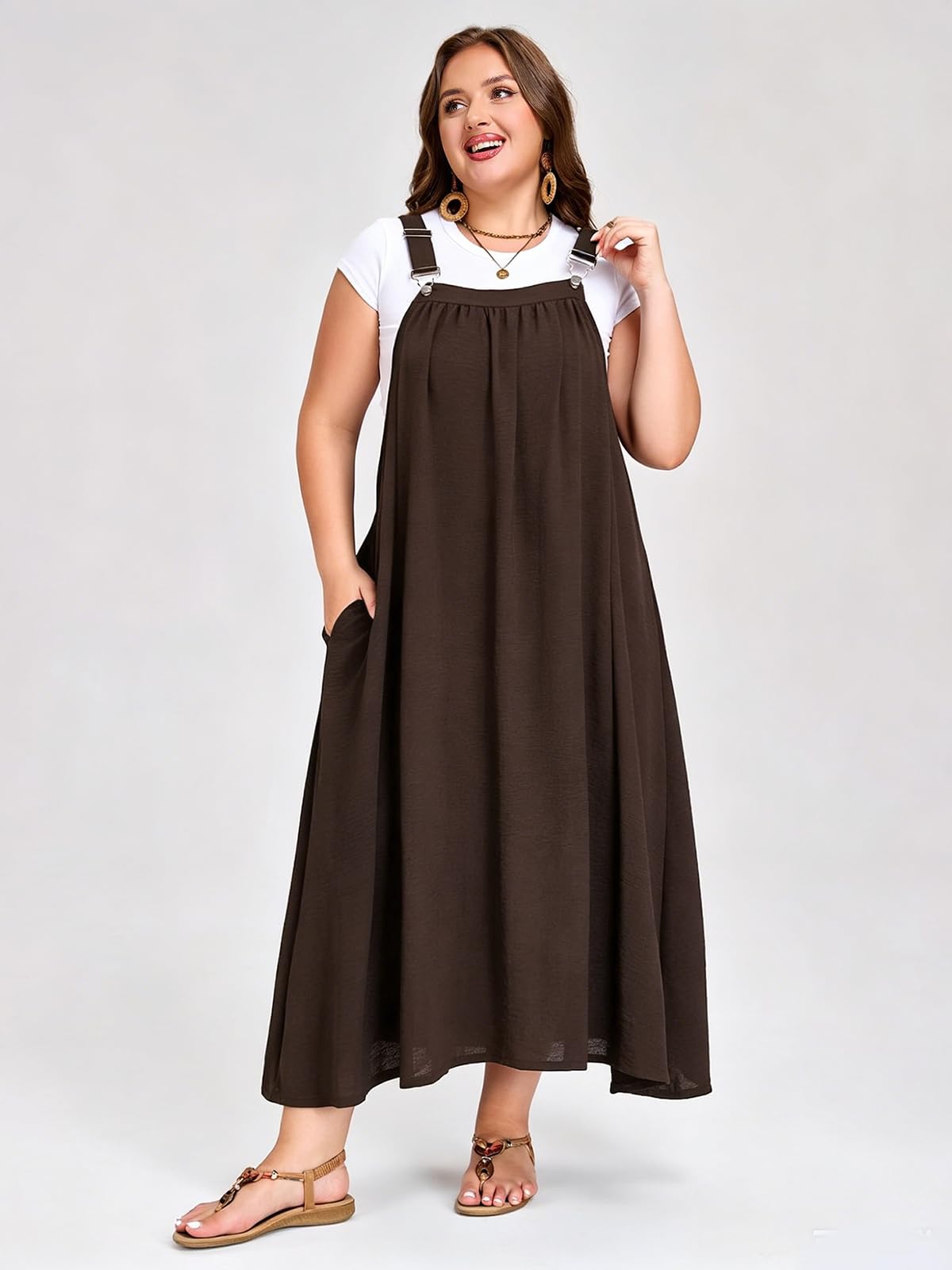 Plus Size Overall Dress Flowy A-Line - Coffee Plus Size Overall Dress Flowy A-Line - Coffee