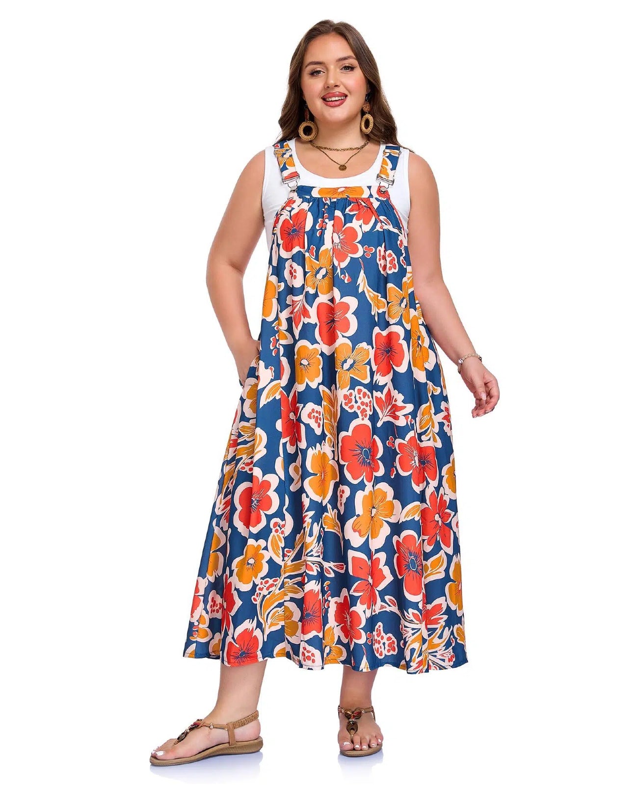 Plus Size Overall Dress Flowy A-Line - Navy Red Brown
