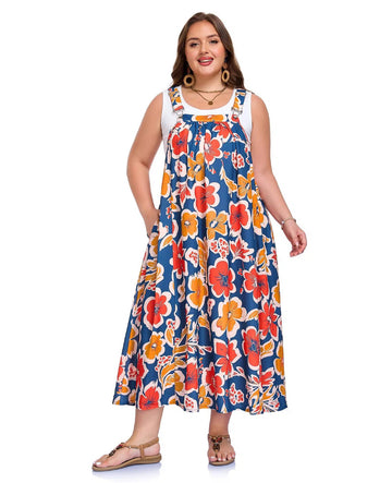 Plus Size Overall Dress Flowy A-Line - Navy Red Brown
