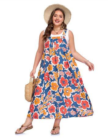 Plus Size Overall Dress Flowy A-Line - Navy Red Brown