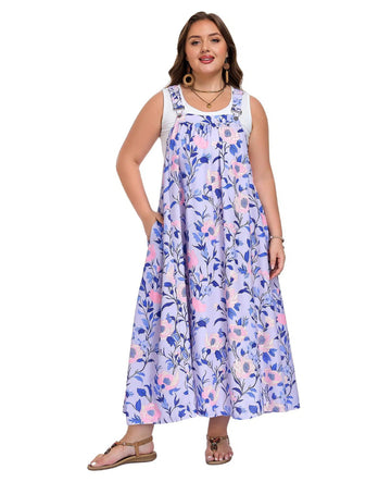 Plus Size Overall Dress Flowy A-Line - Purple Vine