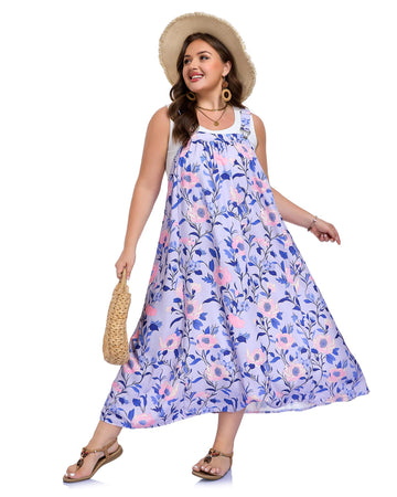 Plus Size Overall Dress Flowy A-Line - Purple Vine