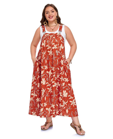 Plus Size Overall Dress Flowy A-Line - Red Yellow Floral