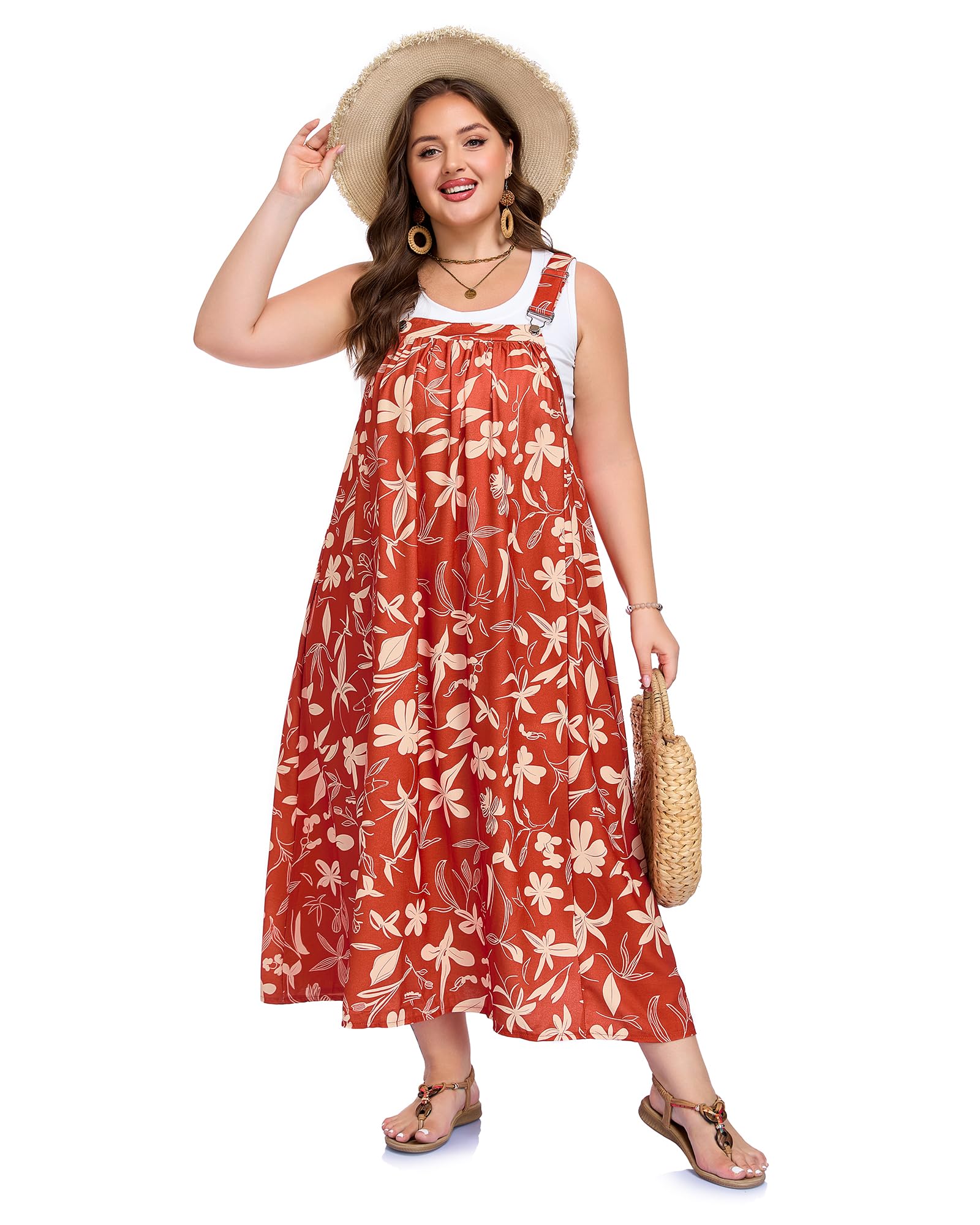 Plus Size Overall Dress Flowy A-Line - Red Yellow Floral, XXL Plus Size Overall Dress Flowy A-Line - Red Yellow Floral, XXL