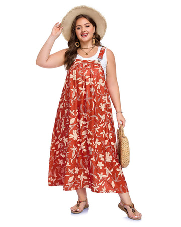 Plus Size Overall Dress Flowy A-Line - Red Yellow Floral, XXL Plus Size Overall Dress Flowy A-Line - Red Yellow Floral, XXL